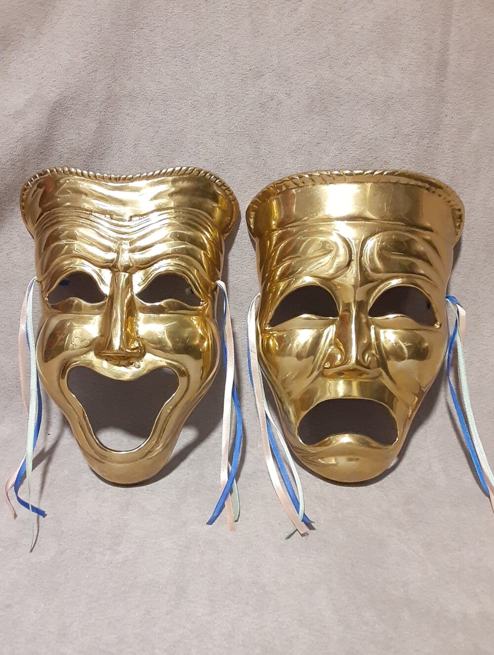Vintage Brass Gold Theatrical Comedy & Tragedy Mask Set - Wall Hanging Decor Art